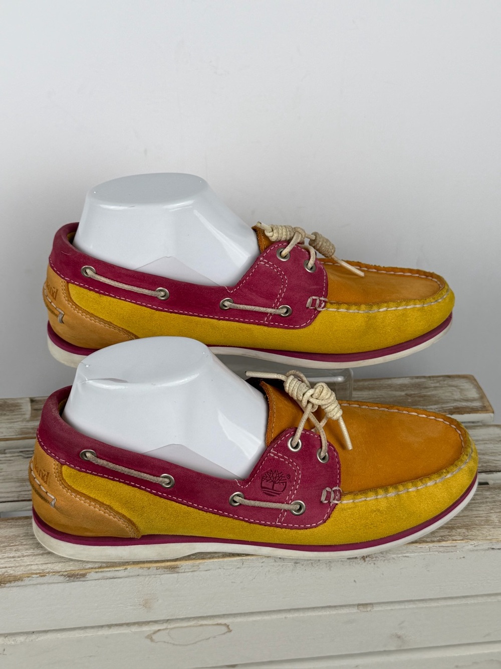 Timberland women's suede boat shoes vibrant yellow and pink colorblock 8.5M